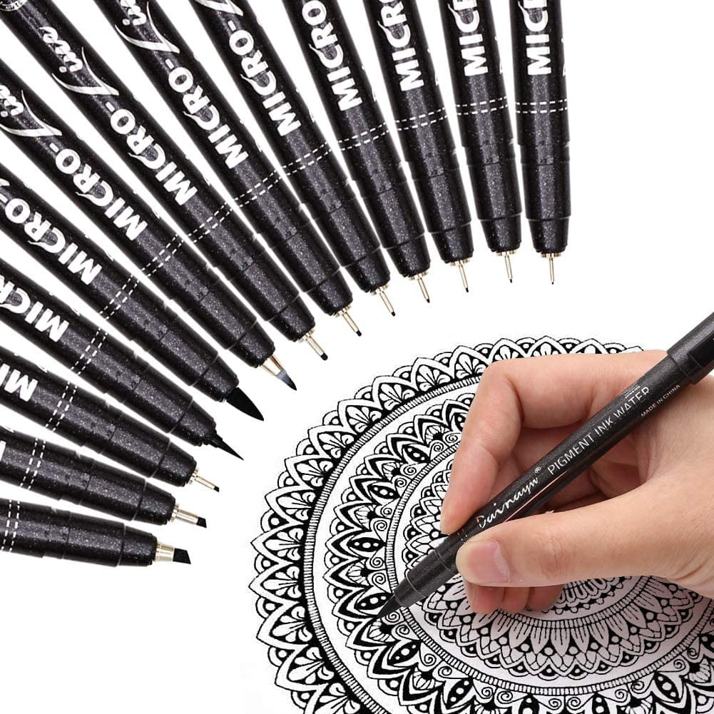 Scrapbooking Set of 13 Black Micro-Pen Fineliner Ink Pens Sketching Brush Lettering Waterproof Archival ink Micro-Line Pens for Multiliner Artist Illustration Technical Drawing Calligraphy 