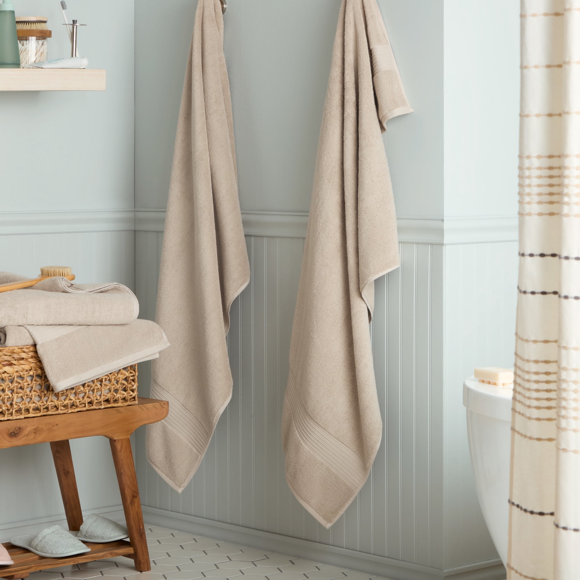 TOWN & COUNTRY EVERYDAY 4-Piece Solid Dobby Border Bath Towel Set, 30"x58", 100% Cotton, Plush & Absorbent 650GSM, Beige