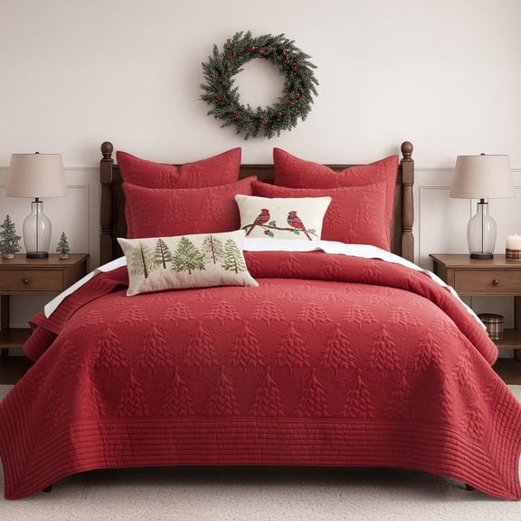 Levtex Home - O Christmas Tree Quilt Set - Twin Quilt (68x86in.) One Sham (20x26in.) - Red Holiday - Reversible - Cotton