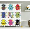 90s Decorations Shower Curtain, Pixel Robot Emoticons with Game Over Sign 90s Computer Games Fun Artprint, Fabric Bathroom Set with Hooks, 69W X 84L Inches Extra Long, Yellow Red, by Ambesonne