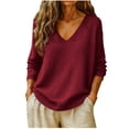 thumbnail image 2 of Chiccall Sweaters for Women Womens V-Neck Long Sleeve Knit Sweater Casual Soft Knitted Pullover Top Wine M, 2 of 8