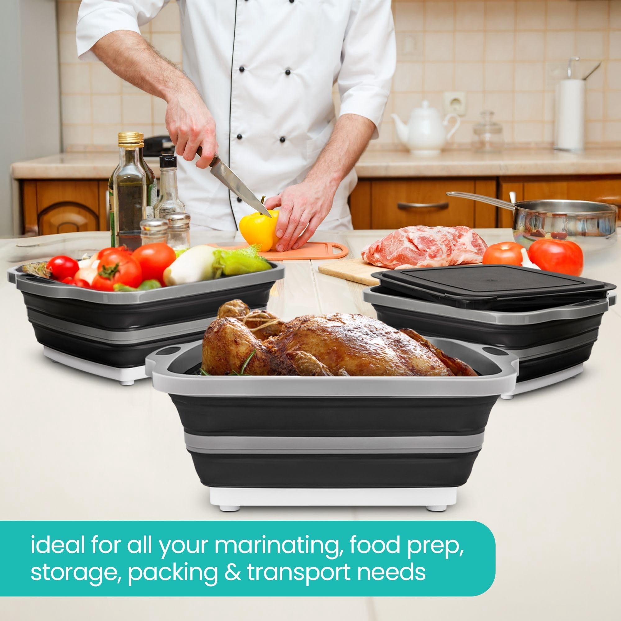 Collapsible BBQ Prep Tub with Lids and Drain Spouts, 3 Pack – Portable Meat Marinating and Grilling Trays, Cutting Board Food Storage Containers for Outdoor Cooking, Camping, Tailgating, Kitchen Prep