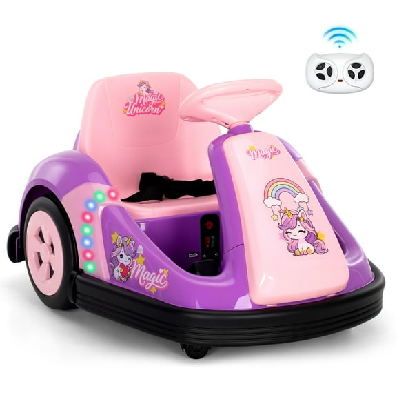 Alpha Joy Kids 12V Bumper Car with Steering Wheel & Remote Control, 3-Color LED Lights, 3 Speeds, Electric Ride-on Car for 3-6 Years, Pink