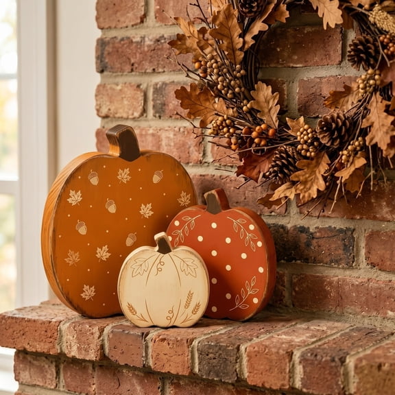 Brondbend Wooden Pumpkin Decor Set of 3 6.7 Inch Rustic Fall Tabletop Ornaments with Leaf Acorn Carvings for Thanksgiving Halloween Centerpiece