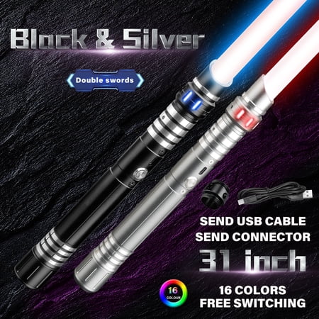 2 Pack Smooth Swing Dueling Lightsaber, Motion Control 8 Sound Fonts with Infinite Color Changing 16RGB, Premium Metal Handle Light Saber for Adults and Boys Gift - Black+Silver