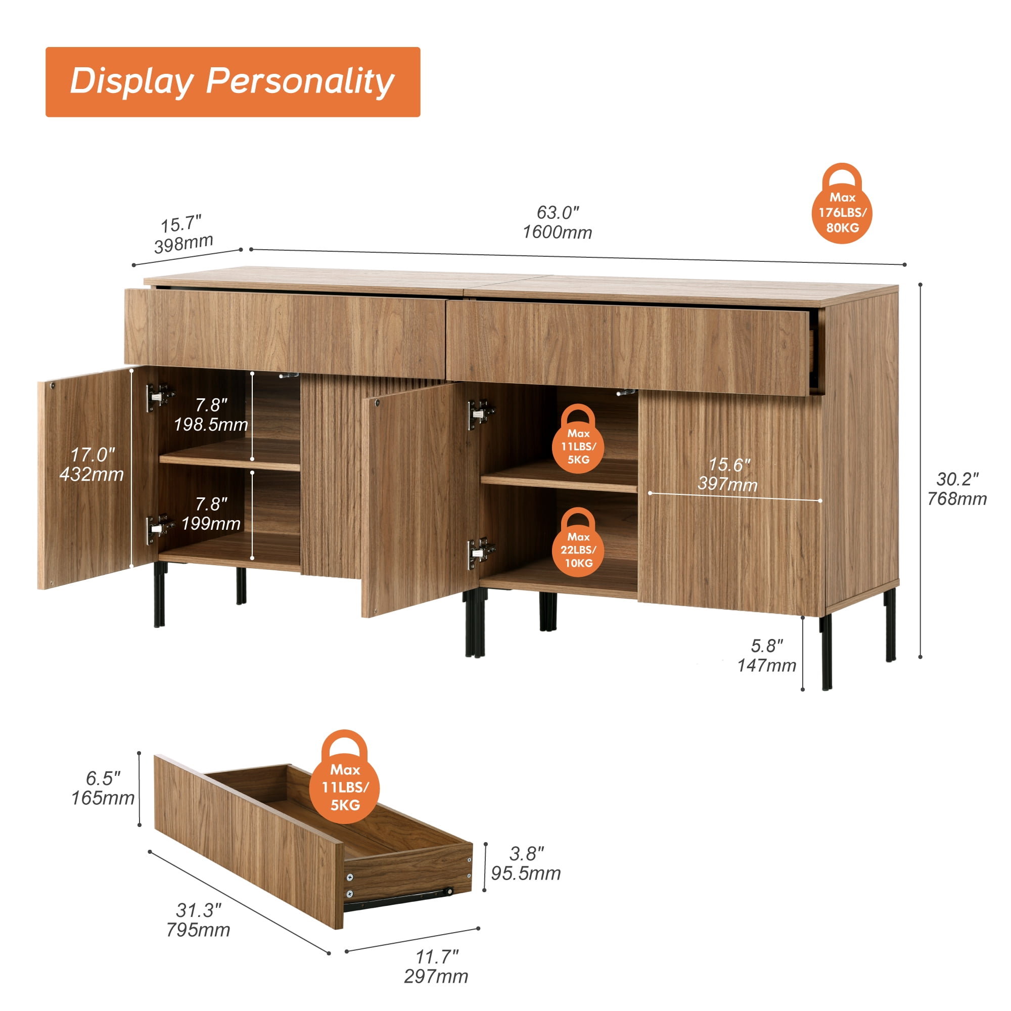 63" Wooden Reeded Sideboard with Doors and Drawers, 2-In-1 Modern Credenza Storage Cabinet for Kitchen, Dining Room