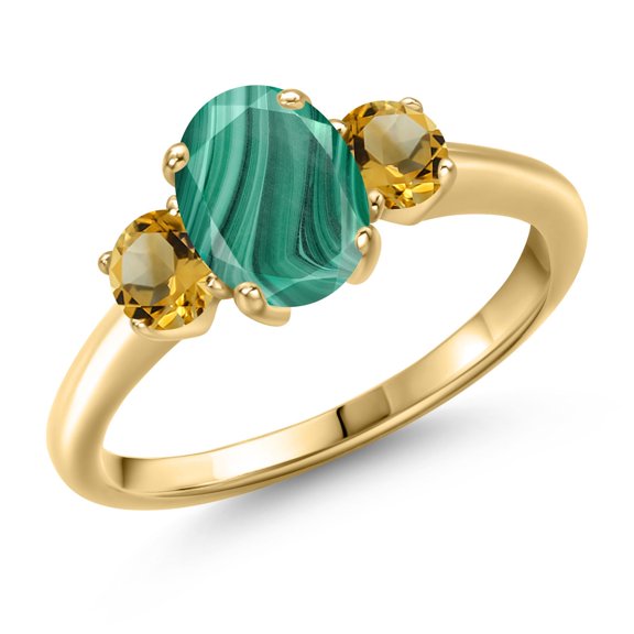 Gem Stone King 2.51 Ct Oval Green Malachite Yellow Citrine 18K Yellow Gold Plated Silver Ring (Size 6)