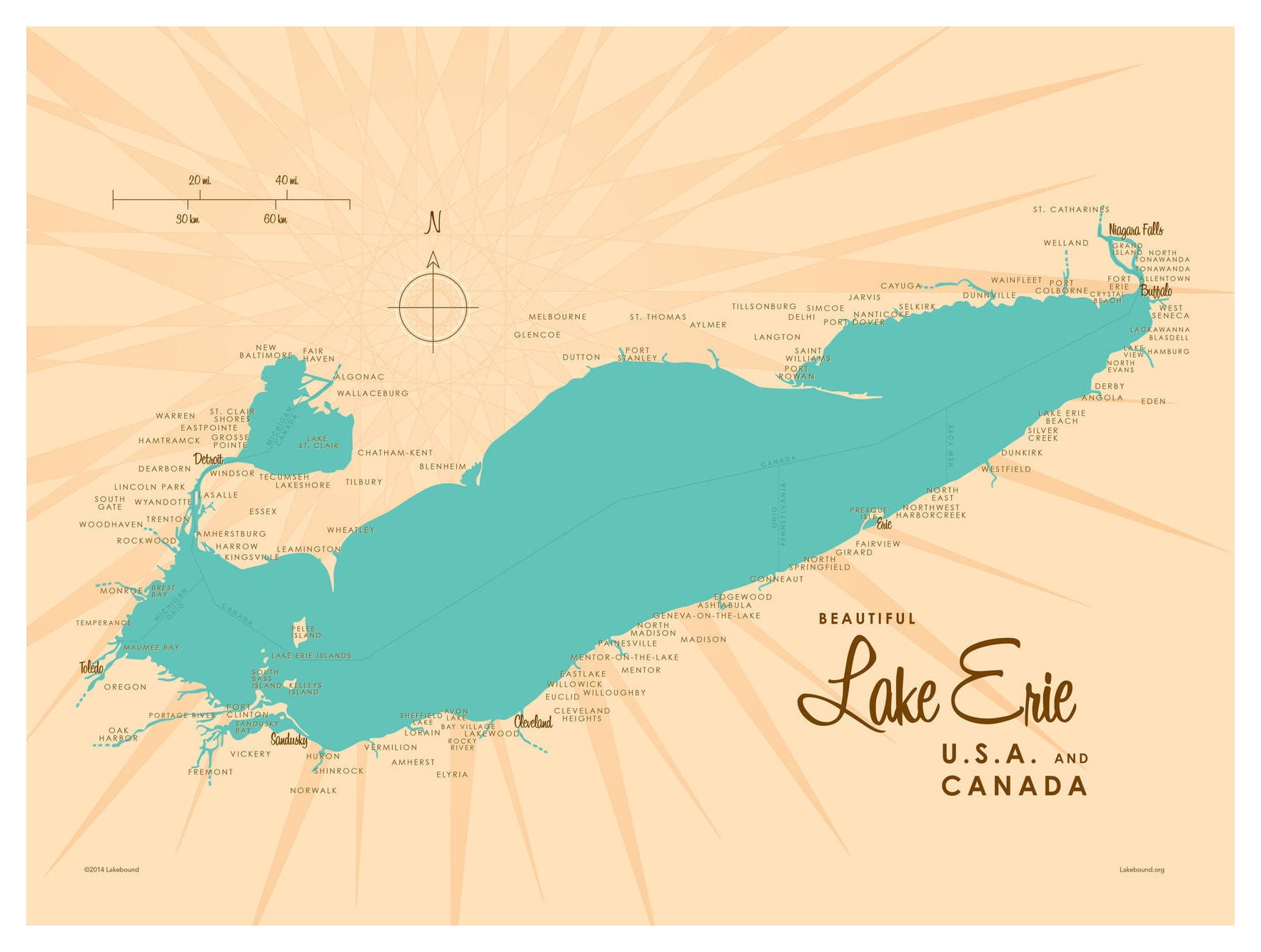Lake Erie Ohio Map VintageStyle Art Print by Lakebound (9" x 12
