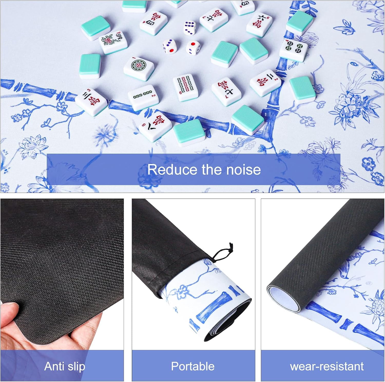 Large Blue Mahjong Mat (31.5” x 31.5”) with Black Carrying Bag, Anti-Slip, Noise-Reducing Table Cover for Mahjong, Poker, Board Games, Dominoes, and Card Games
