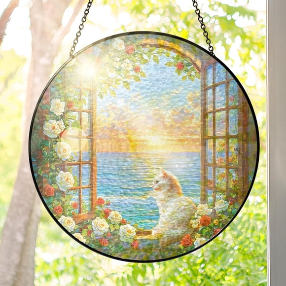 Adorno colgante FLAGWIX con forma de gato vitral, 25 cm