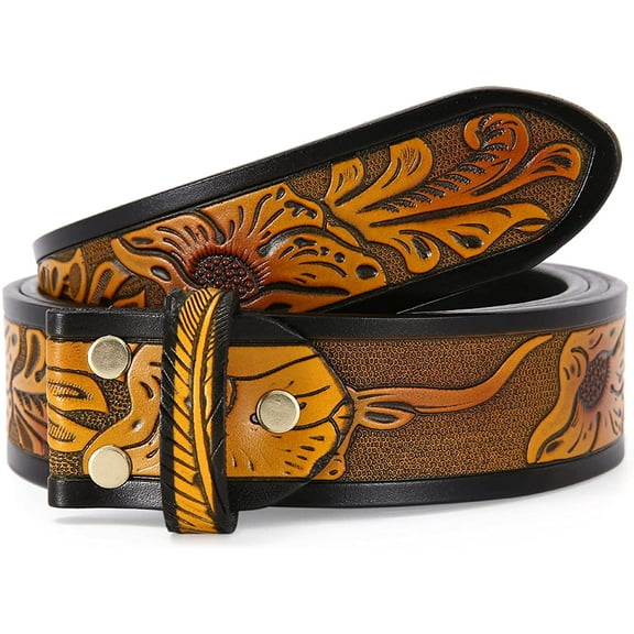 STARBRILLIANT Classic Western Bull Head Design Leather Snap On Belt Mens Womens-NO BUCKLE