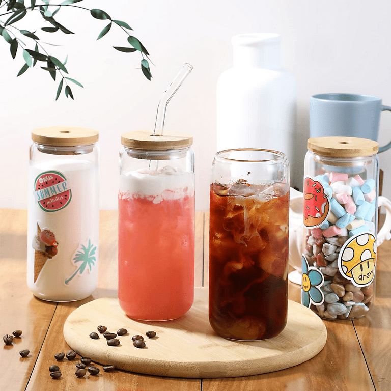 Fullstar Glass Cups with Lids and Straws - Drinking Glasses, Glass Tumbler with Straw and Lid, Iced Coffee Cups, Glass Coffee Cups with Bamboo Lids