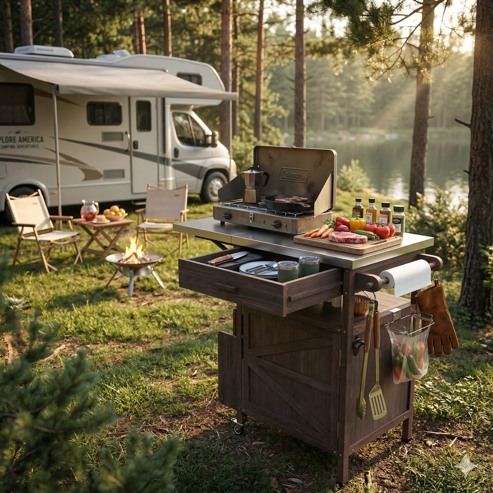Homy Casa Outdoor Grill Cart with Drop Leaf, Rolling BBQ Prep Table and Patio Storage Cabinet, Brown