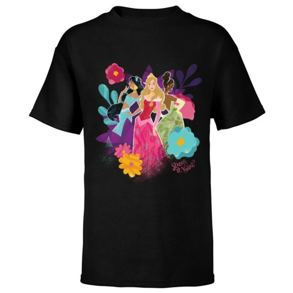 Disney Princess Jasmine Aurora and Tiana Strong at Heart - Short Sleeve T-Shirt for Kids - Customized-Black