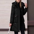 thumbnail image 2 of XPMWRP Women's Quilted Puffer Thickened Hooded Jacket Casual Cinched Waist Zipper Long Coat Solid Color Winter Warm Outerwear with Pockets Black XL, 2 of 9