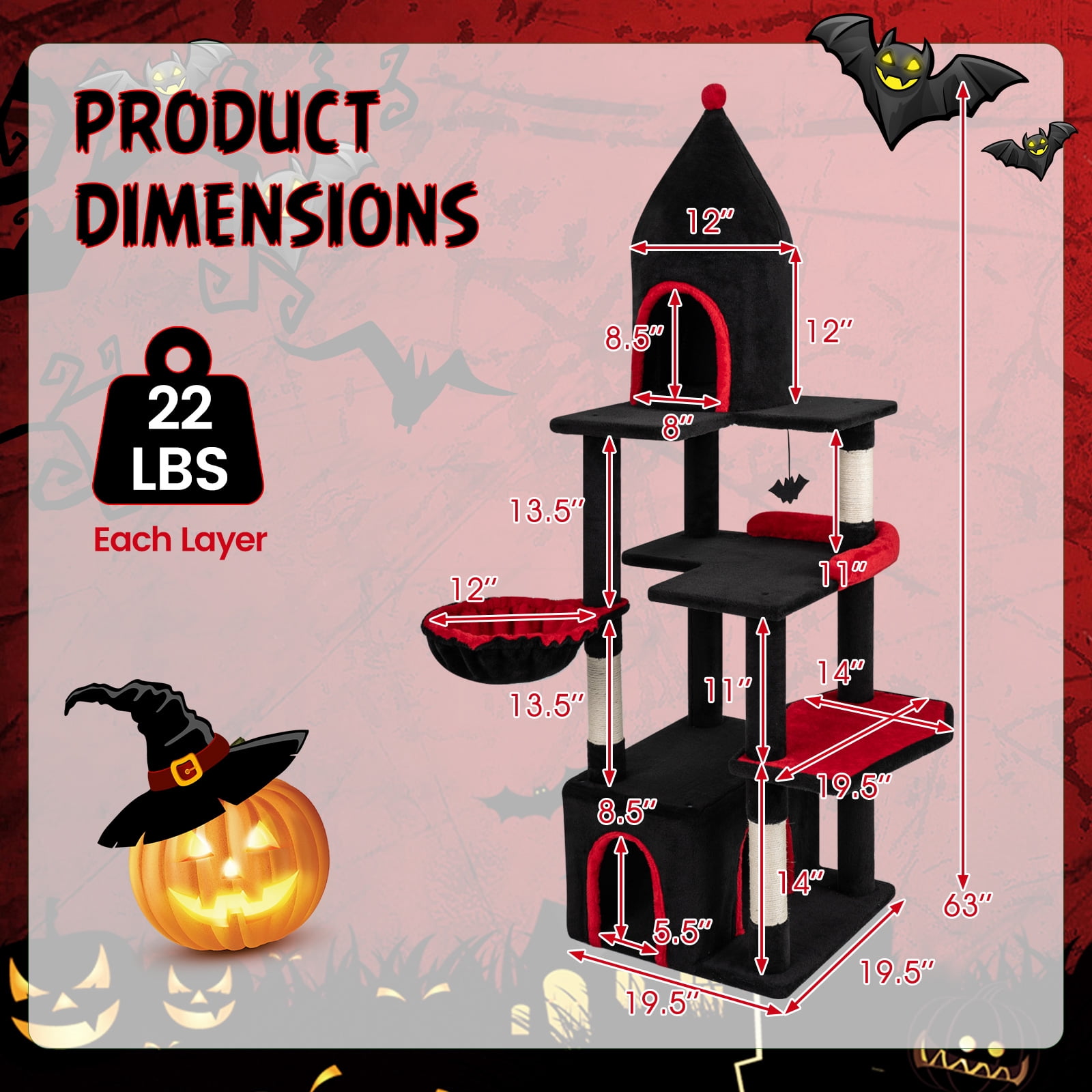 Gymax 63'' Gothic Cat Tree w/ Condo Top Cave Sisal Scratching PostsBat Hanging Toy