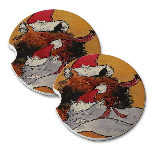 KuzmarK Sandstone Car Drink Coaster (set of 2) - Maine Coon Kitties and Mice in Santa Hats Christmas Cat Art by Denise Every