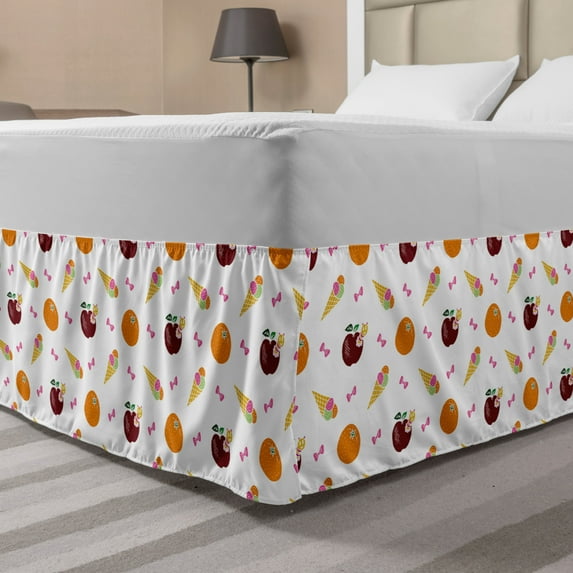Cartoon Bed Skirt, Doodle Style Illustration of Ice Creams Oranges Apples Caterpillars and Bows, Elastic Bedskirt Dust Ruffle Wrap Around for Bedding Decor, 4 Sizes, Multicolor, by Ambesonne