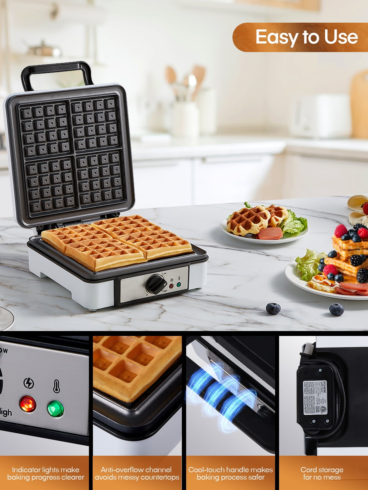 FOHERE 4 Slice Electric Waffle Maker, Non-Stick
