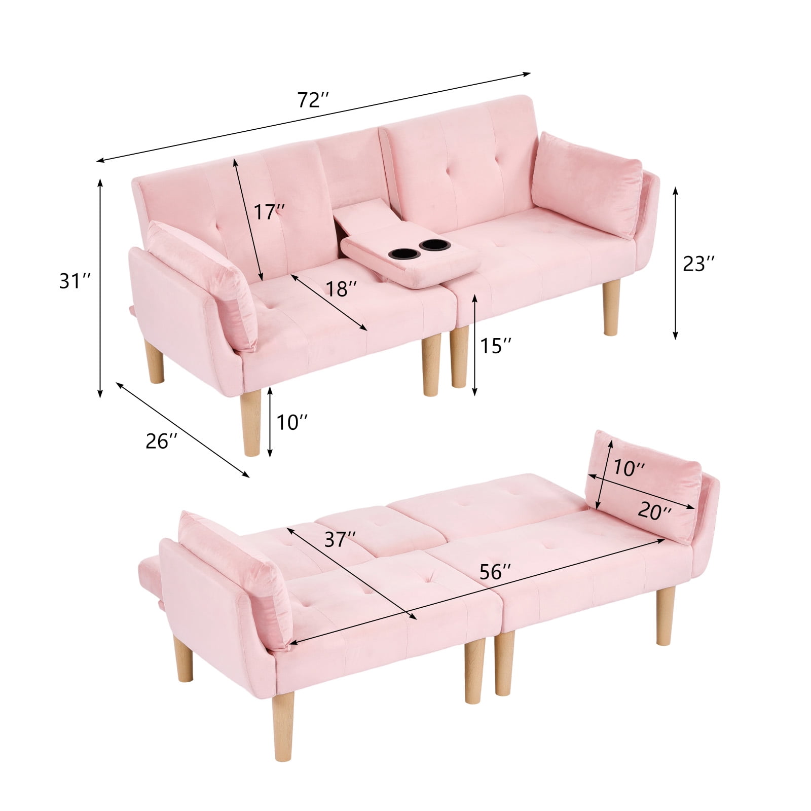 Leumius 72 Inch Futon Sofa Bed,Velvet Futon Couch with Adjustable Backrest and Cupholders,Suitable for Apartment,Living Room,Small Space,Pink