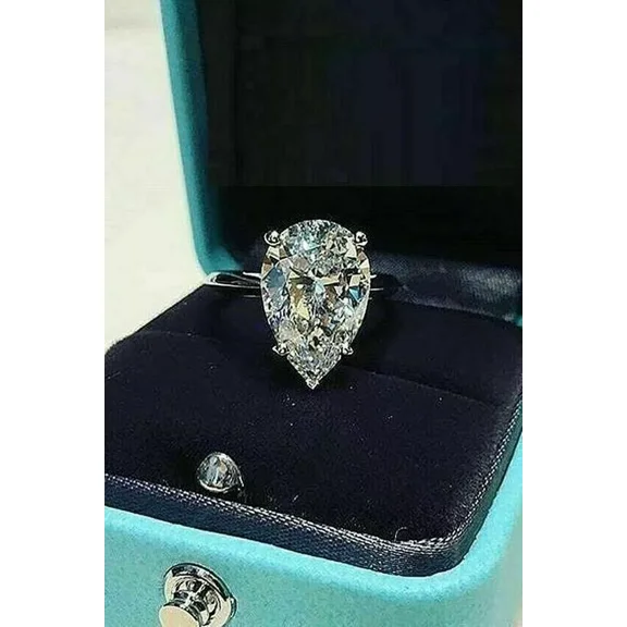 4 CT Pear Cut Moissanite Solitaire Engagement Ring Size-6.5 925 Sterling Silver 14K White Gold Plated