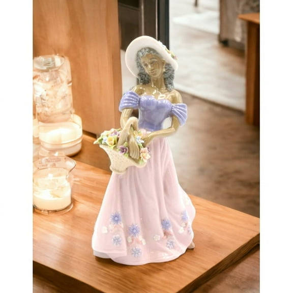 African American Lady Ceramic Figurine with Flower Basket 8 inches Gift