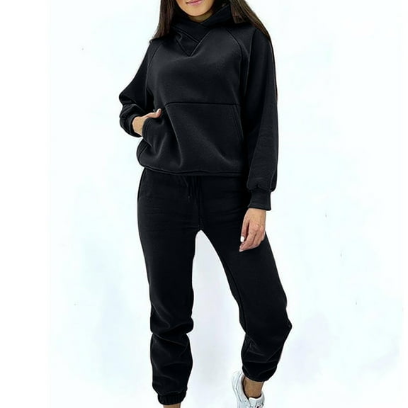 Usmixi Tracksuits Set for Women Jogger Pant 2 Piece Outfits for Women Casual Solid Hooded Sweatshirt and Drawstring Sweatpant Sweatsuit Sets with Pocket Lounge Sets for Girls Clearance Under $10