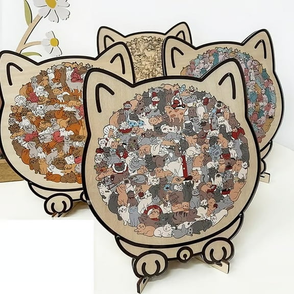 Cat Shaped Wooden Puzzle Colorful Jigsaw Puzzle for Cat Lovers, Unique Feline Design Wood Puzzle for Brain Teaser and Themed Home Wall Decor
