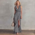 thumbnail image 2 of Ahabrexf Wedding Guest Dresses for Women, V Neck Ruffled Sleeveless Side Ruched High Slit Maxi Dress for Evening Party and Wedding, 2 of 9