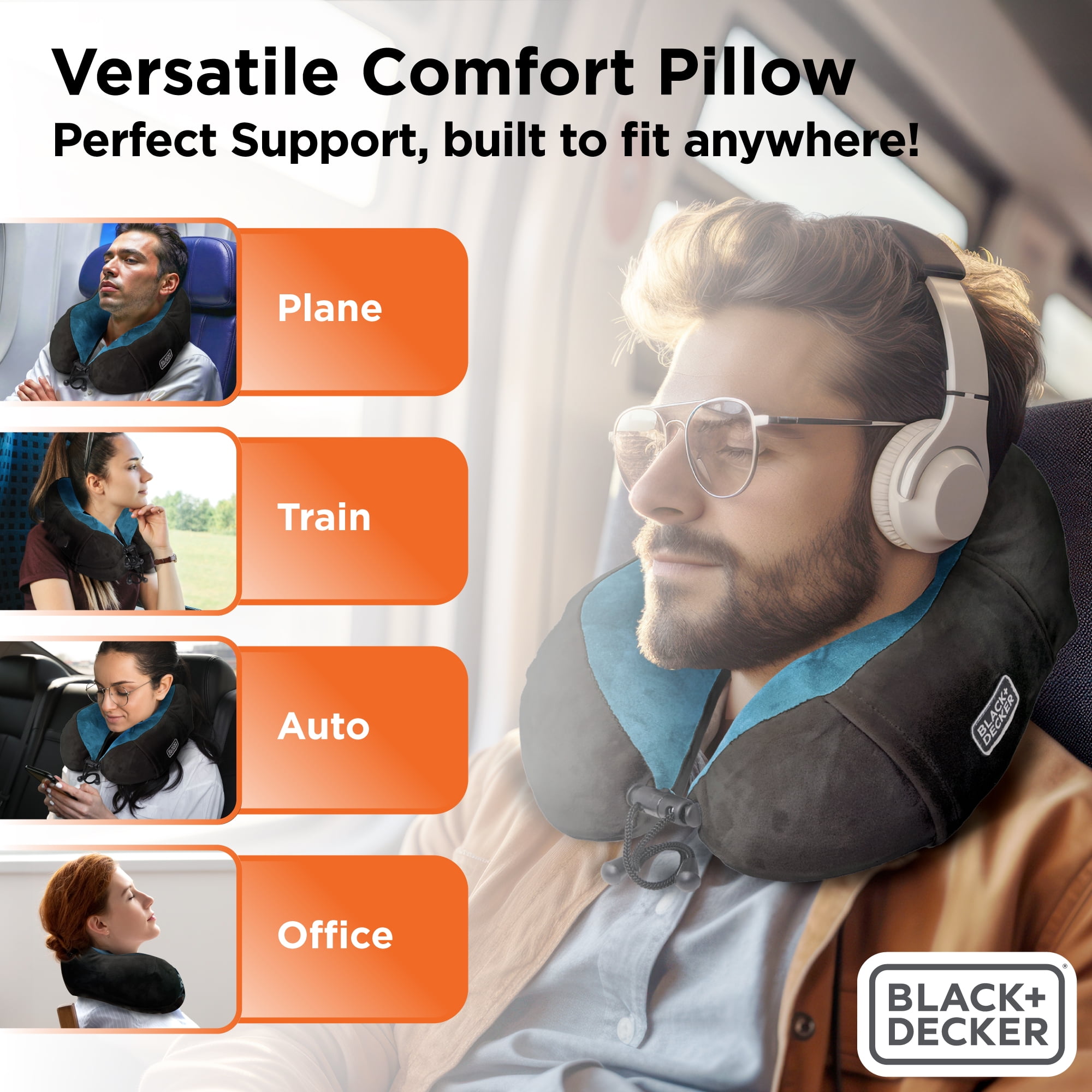 BLACK+DECKER Memory Foam Neck Pillow with Phone Pocket, Ergonomic Travel Pillow, Blue