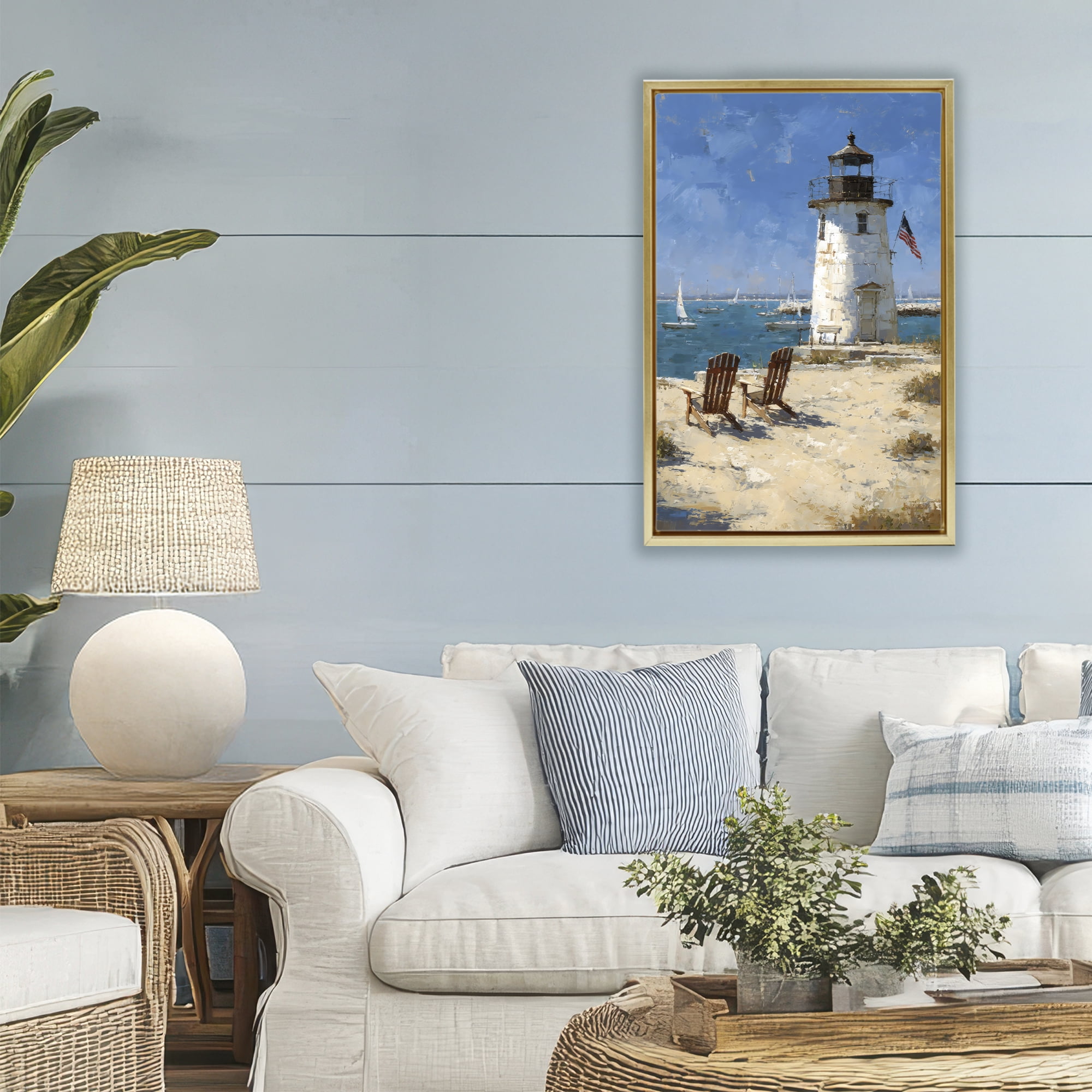 Stupell Industries Summer at Lighthouse Bay Gold Framed Floater Canvas Wall Art, design by Petal Prints Design