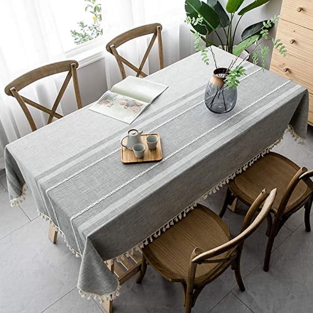 Xiao Hua Mantel de algodón y lino, antiarrugas, con borlas, rectangular, para comedor, cocina, decoración (gris rayado, rectangular, 140 x 180 cm)