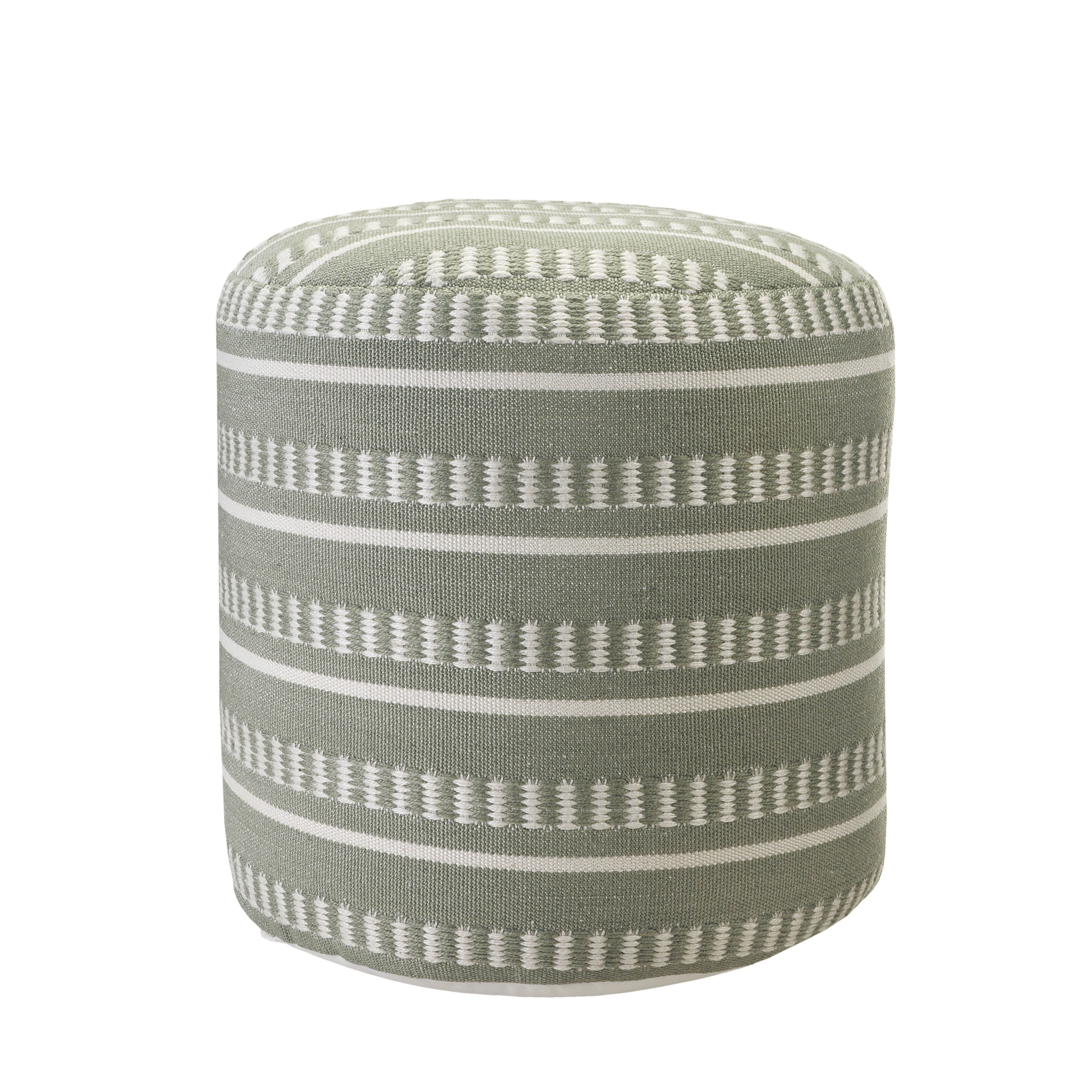 LR Home Medium Striped Indoor/Outdoor Cylinder Pouf, Sage Green/White, 20" x 20" x 20"
