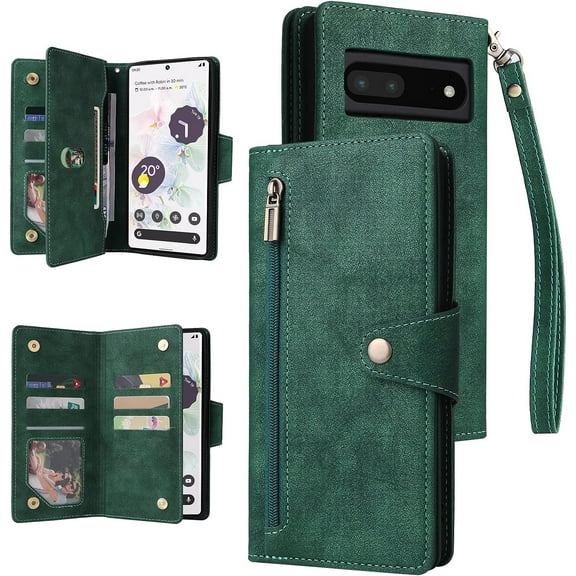 LINLIN Premium PU Leather Case with Buckle Kickstand, Leather Flip Cover with Wrist Strap, Card Slots, Buckle Kickstand, Zipper Wallet Phone Case for Google pixel 7 pro