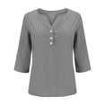 thumbnail image 5 of lcziwo Summer Cotton Linen Shirts for Grils 2025 Casual 3/4 Sleeve Tunic Shirt Solid Color Button V Neck Going Out Tops Gray Ofertas Del Dia de Hoy Relampago, 5 of 6