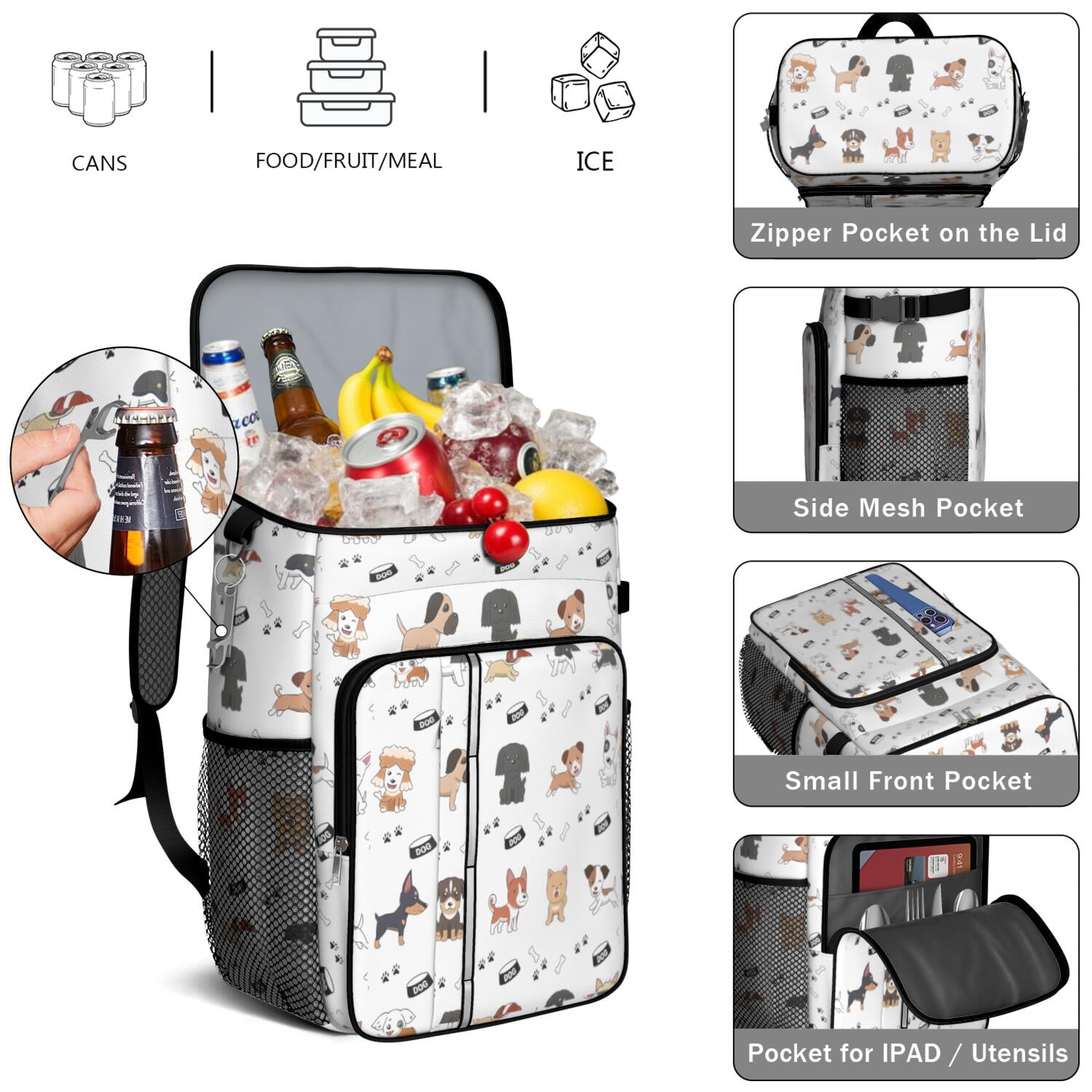 Travel Cooler Bag - Cute Dogs Camping Beer Cooler Backpack with Bottle Opener- Waterproof Insulated Picnic Backpacks - Cooler Bag for Beach