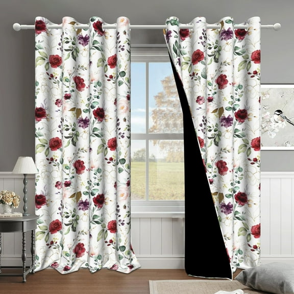MIZHONA Red White Floral Blackout Curtains for Living Room Vintage Window Curtain Set of 2,52"x96"