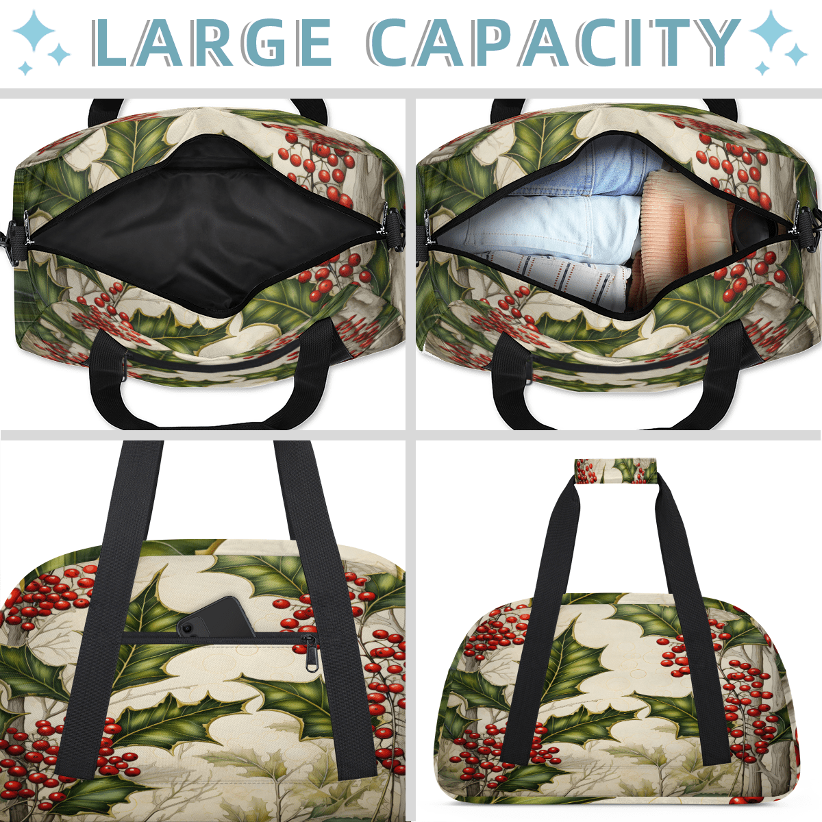 Herdesigns Christmas Sports Duffle Bag for Women & Men, Holly Berry Leaf Gym Bag Dance Bag Overnight Bag Carry On Weekender Travel Bag