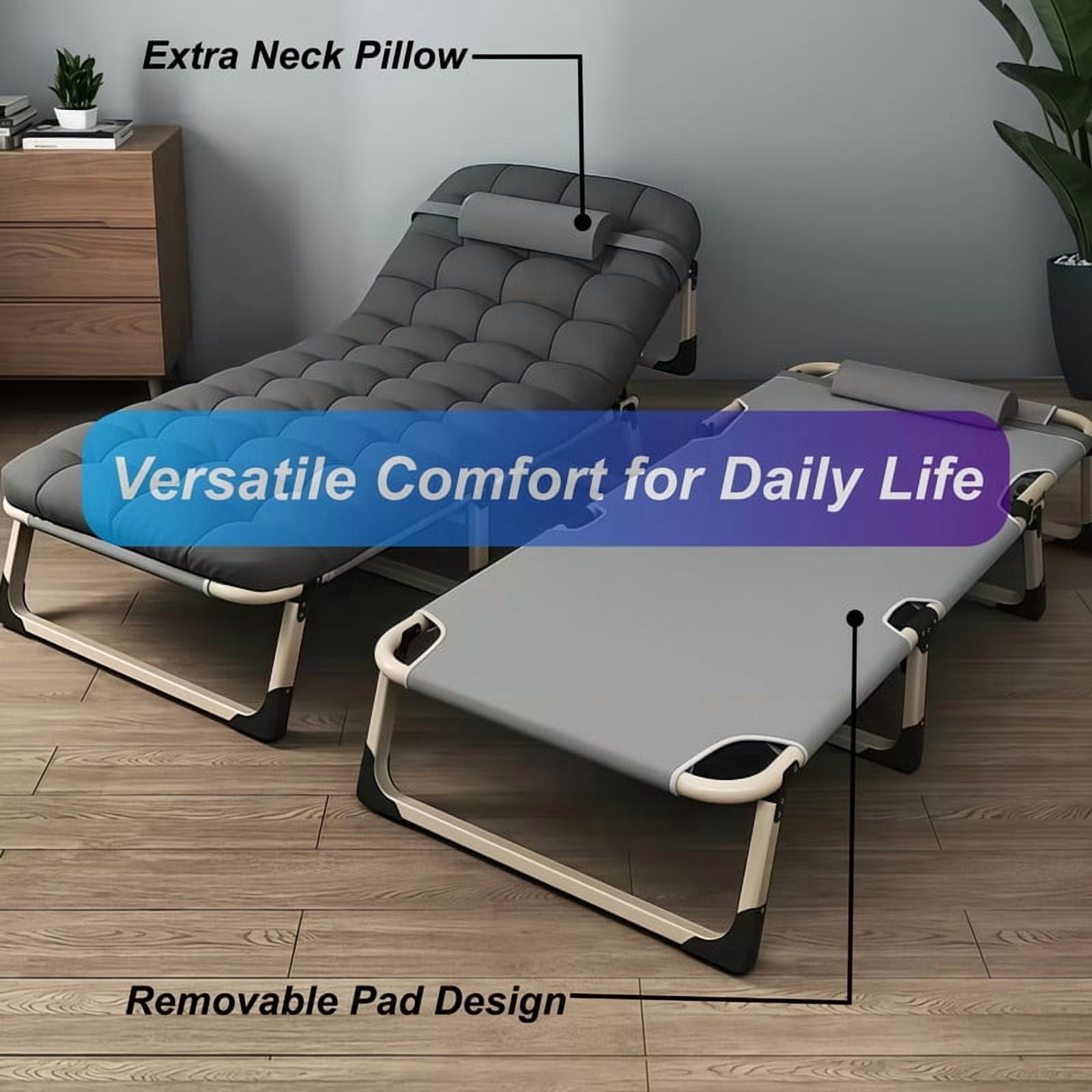 Heavy-Duty Folding Bed Frame with Adjustable Backrest, Portable Camping Cot, Indoor/Outdoor Daybed with Removable Pad