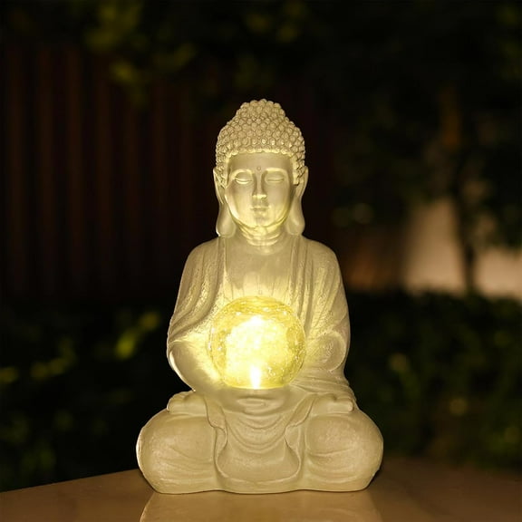 Buddha Garden Statue with Solar Light, Meditating Cracked Glass Ball Sculpture-Indoor/Outdoor Decor for Balcony,Patio,Porch Yard Art Ornament,Gift