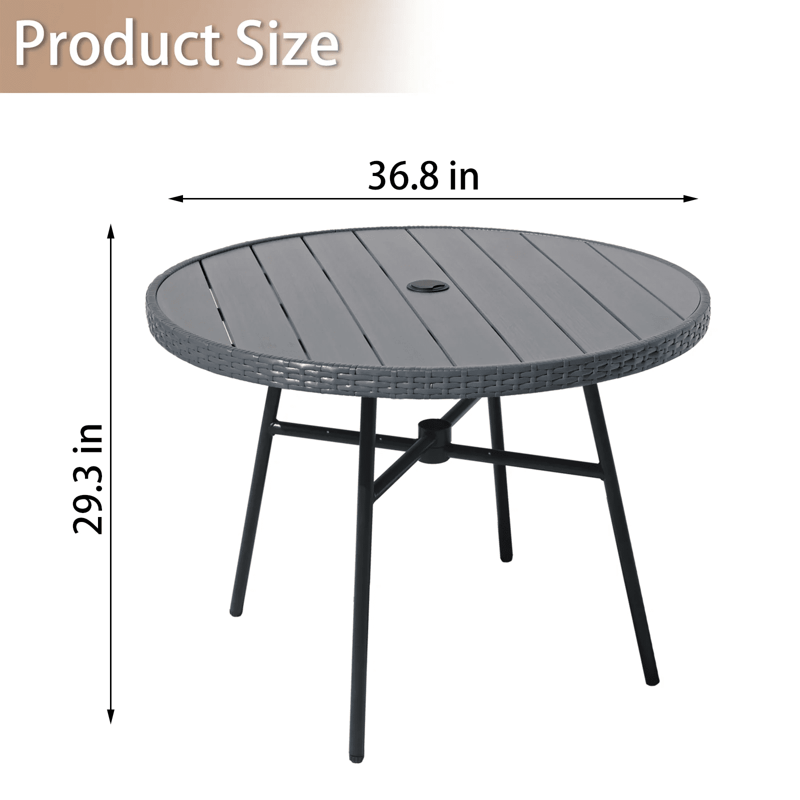 Outdoor Patio Round Dining Table, 36.8" All-Weather Plastic Wood Slatted Top with Adjustable Umbrella Hole, Ideal for Deck Lawn Garden Backyard, Seats 4-6