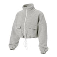 thumbnail image 4 of Yourumao Oversized Cropped Zip Up Jacket for Women Long Sleeve Stand Collar Double Cargo Pocket Drawstring Hem Soft Cozy Casual Fall Outerwear, 4 of 8
