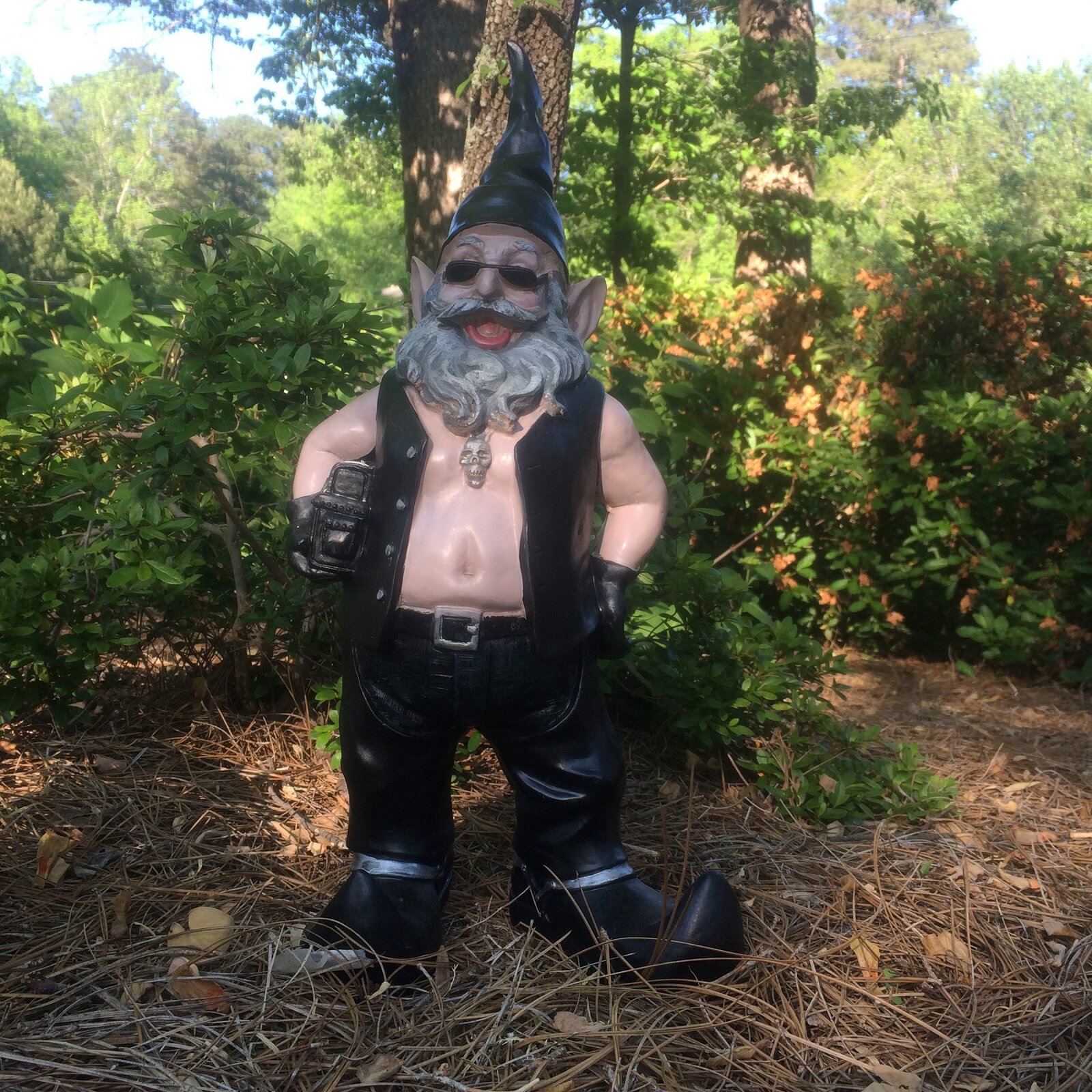 Nowaday Gnomes Biker "Dude" in Leather Motorcycle Riding Gear Holding