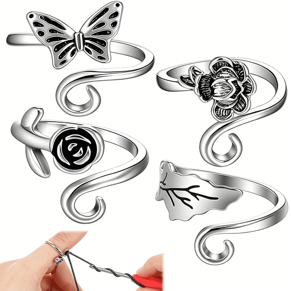 DESIGNICE 4 Pcs Crochet Rings for Fingers,Adjustable Crochet Rings for Tension Yarn,Perfect for Knitting Crocheting Women Finger Holder Guard,Metal Open Yarn Guide