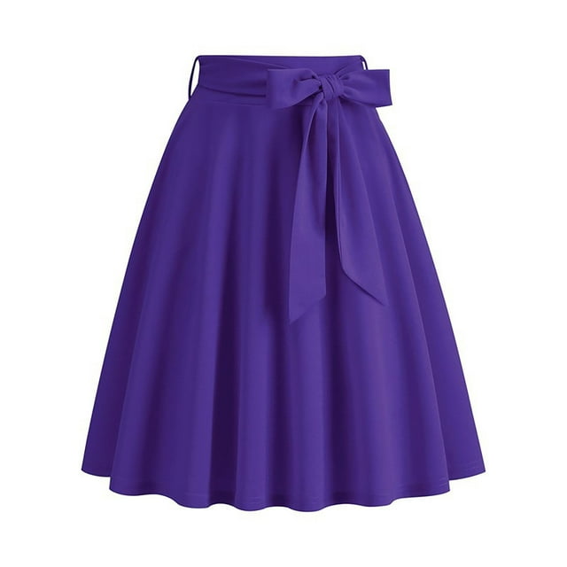 Karight Womens Midi Skirt Swing A-line Vintage Casual Elastic Wide Waist Flared Skirt with Belt