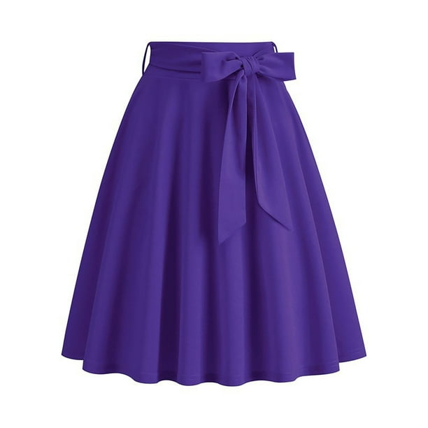 Karight Womens Midi Skirt Swing A-line Vintage Casual Elastic Wide Waist Flared Skirt with Belt