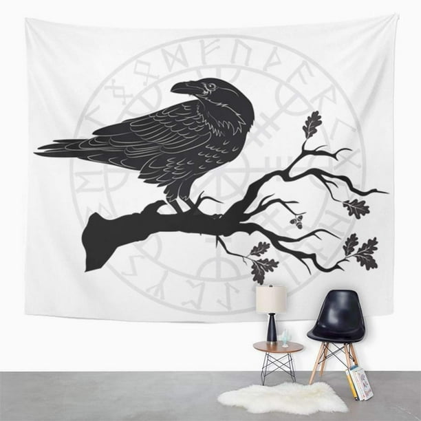 JSDART Black Crow Sitting On Branch Oak Tree and Scandinavian Runes White Wall Art Hanging Tapestry Home Decor for Living Room Bedroom Dorm 60x80 inch Walmart