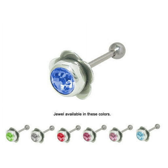 Tongue Ring Barbell Flower with CZ Jewel BodyJewelryOnline