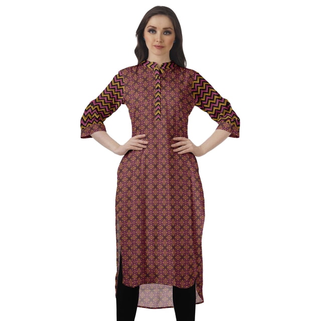 Moomaya Kurti en Coton Col Mandarin pour Femmes Robe Longue Imprimée Grande Taille
