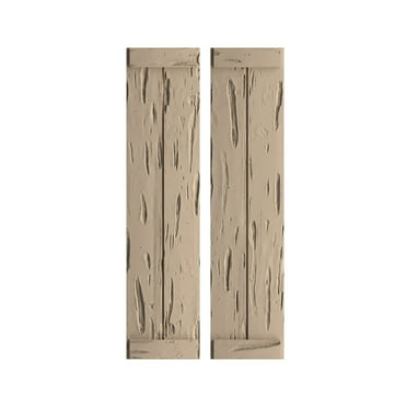 Ekena Millwork 11"W x 28"H Rustic Two Board Joined Board-n-Batten Pecky Cypress Faux Wood Shutters w/End Batten (Per Pair), Primed Tan